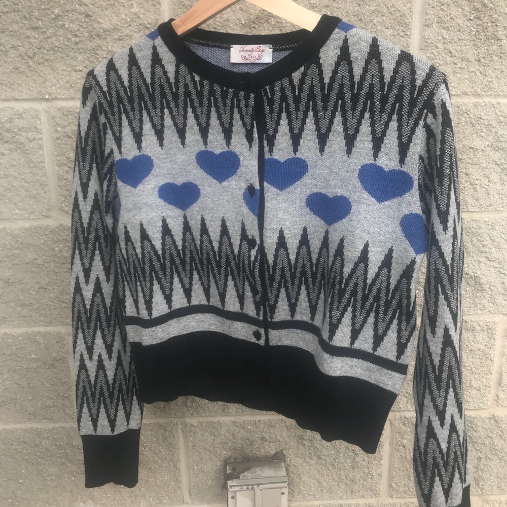 Grey and black sweater/cardigan with blue hearts